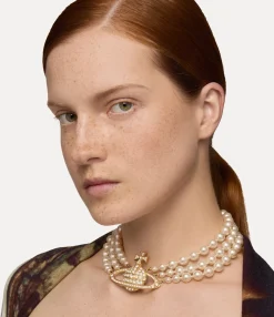 Necklaces|Classic Styles|Vivienne Westwood Three Row Pearl Bas Relief Choker